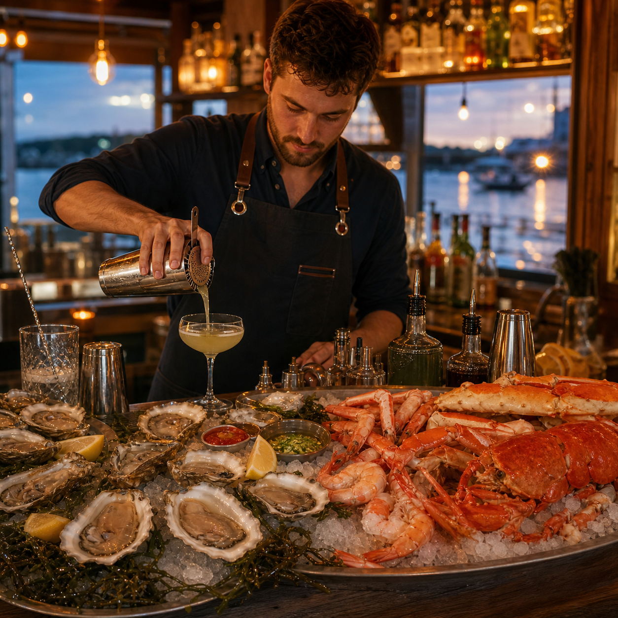 Chef plating seafood at Mine Oyster